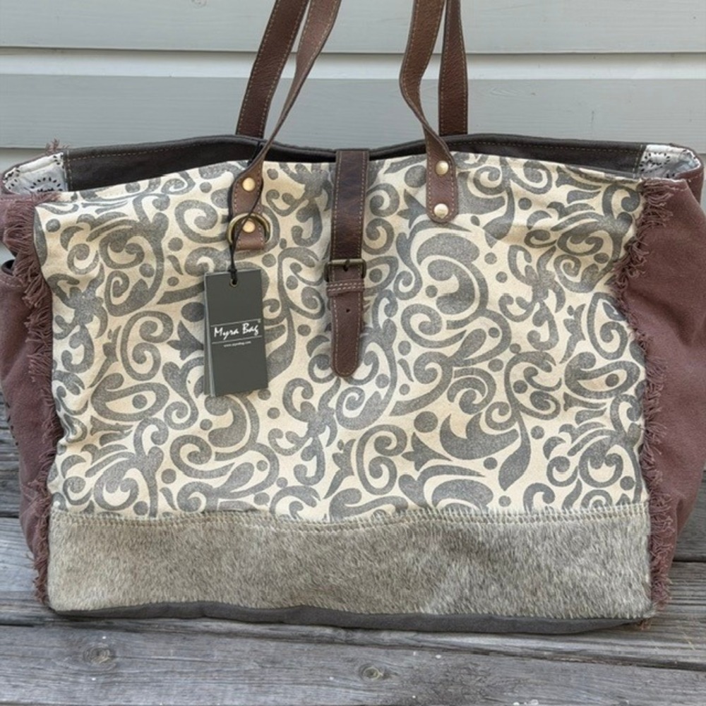Myra Bag NEW Upcycled Canvas Leather Hair-on-Hide Tote Bag Grand Bazar Gry FLAW